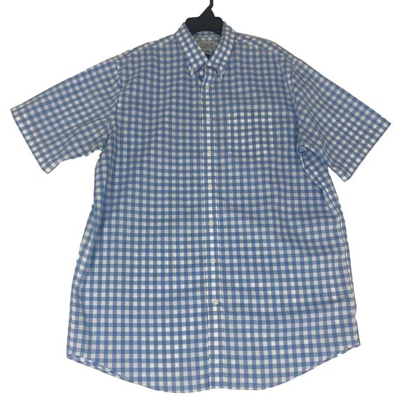 LL Bean Button Up Shirt Mens Size L Tall Blue Striped Short Sleeve 100% Cotton - Picture 1 of 16